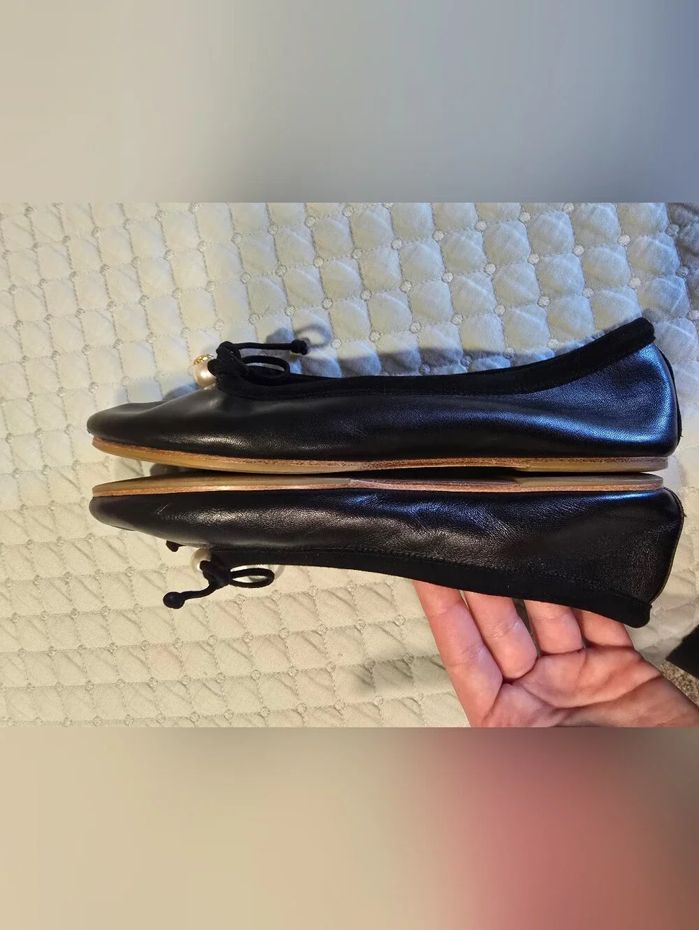 Tory Burch Black Leather Ballet Flats With Pearls Size 6.5